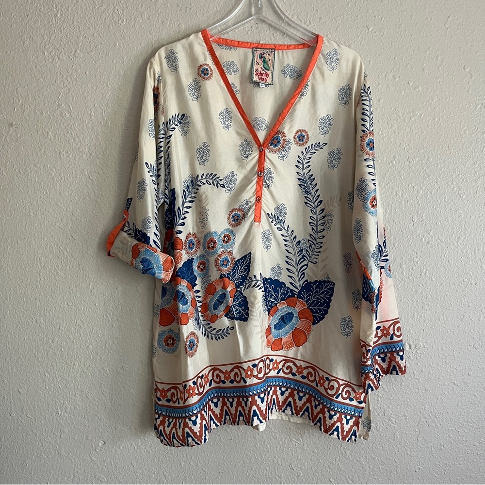 Johnny Was Cream Blouse with Blue and Orange Floral Design